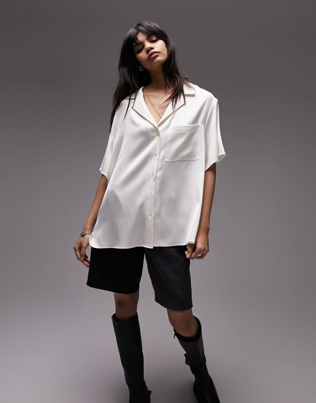 Topshop satin short sleeve shirt in ivory