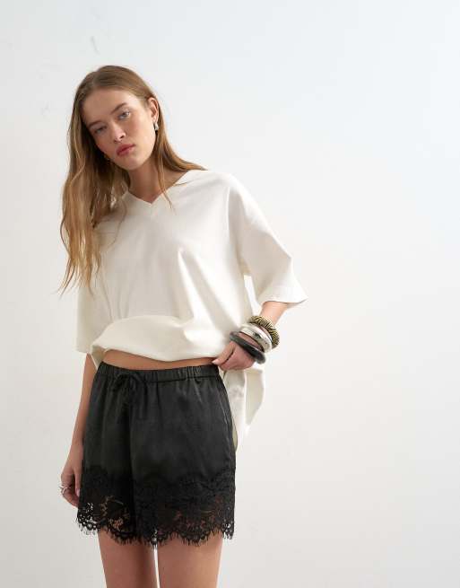 Topshop satin shorts with lace inserts in black, 2 of 5
