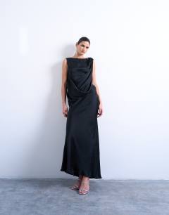 Satin slash neck draped cowl front maxi in black