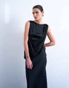 Model wearing Satin slash neck draped cowl front maxi in black