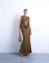 Topshop satin slash neck draped cowl front maxi in olive
