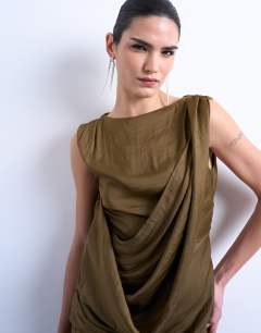 Model wearing Satin slash neck draped cowl front maxi in olive