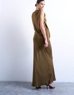 Model wearing Satin slash neck draped cowl front maxi in olive