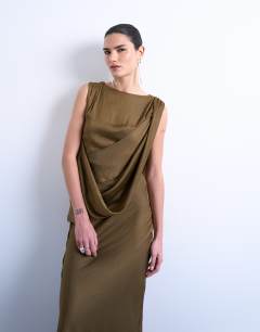 Model wearing Satin slash neck draped cowl front maxi in olive