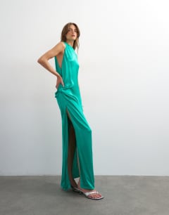 Satin sleeveless asymmetric drape maxi dress in emerald green