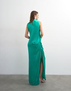 Model wearing Satin sleeveless asymmetric drape maxi dress in emerald green