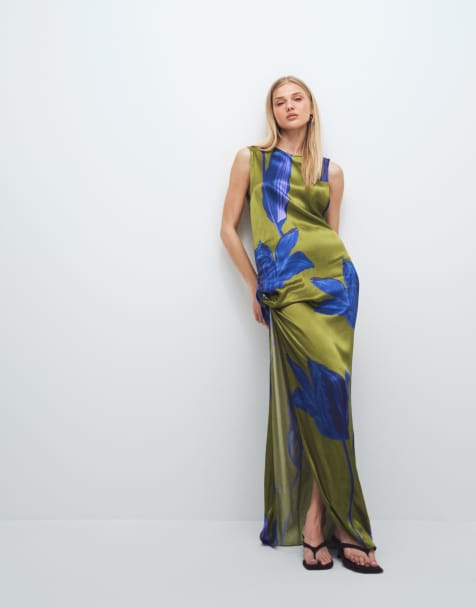 Topshop satin sleeveless asymmetric drape maxi dress in green and blue floral - view 1