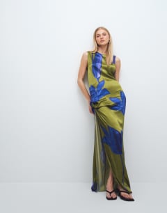 Satin sleeveless asymmetric drape maxi dress in green and blue floral