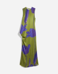 Model wearing Satin sleeveless asymmetric drape maxi dress in green and blue floral