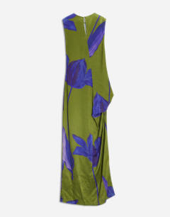 Model wearing Satin sleeveless asymmetric drape maxi dress in green and blue floral