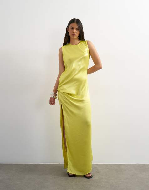 Topshop satin sleeveless asymmetric drape maxi dress in yellow - view 1