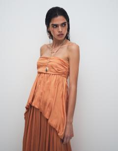 Model wearing Satin sleeveless asymmetric drape maxi dress in yellow