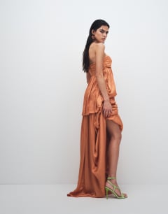 Model wearing Satin sleeveless asymmetric drape maxi dress in yellow