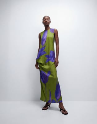 topshop green floral wrap dress satin sleeveless knot side maxi in and blue slip ons
