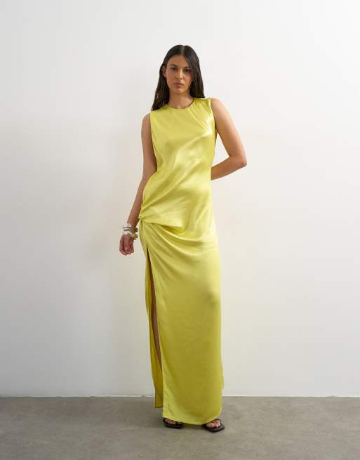 Topshop satin sleeveless knot side maxi dress in lime | ASOS