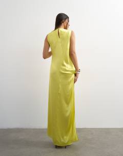 Model wearing Satin sleeveless knot side maxi dress in lime
