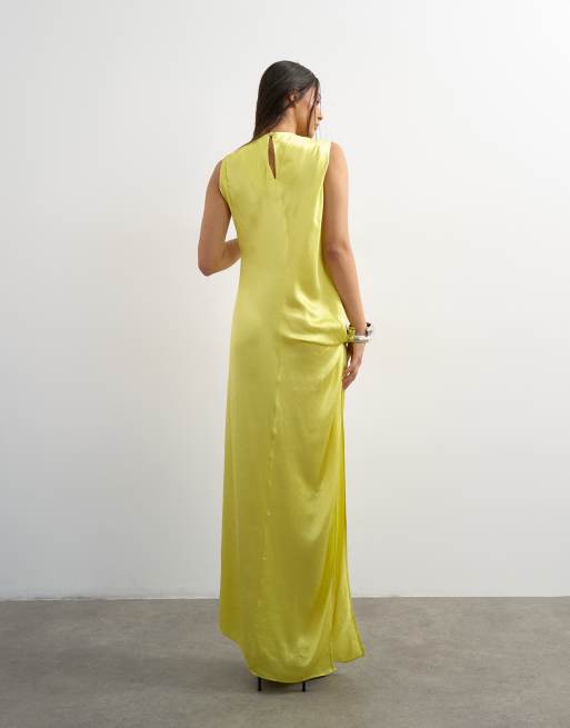 Topshop satin sleeveless knot side maxi dress in lime, 3 of 4