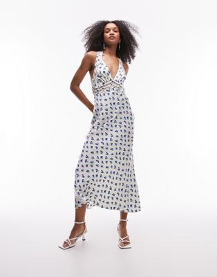 Topshop satin slip dress with lace insert in blue floral