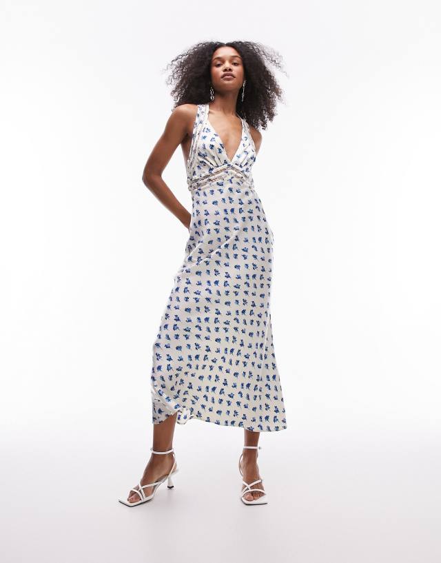 Topshop - satin slip dress with lace insert in blue floral