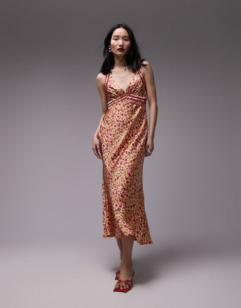 Topshop satin slip dress with lace insert in orange print - view 1