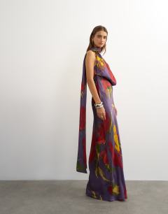 Satin slip maxi dress with scarf neck detail in dark based floral