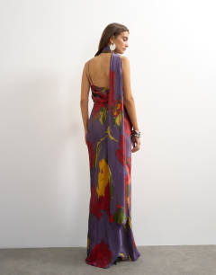 Model wearing Satin slip maxi dress with scarf neck detail in dark based floral