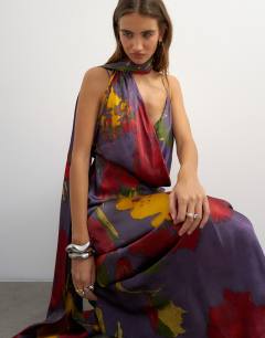 Model wearing Satin slip maxi dress with scarf neck detail in dark based floral