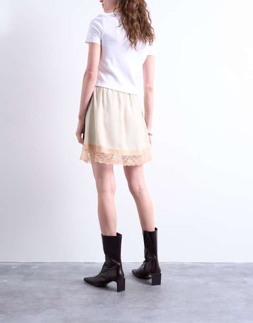 Topshop satin slip mini skirt with contrast lace in oyster, 5 of 5