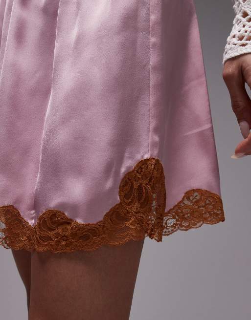 Topshop satin slip skirt with contrast lace in pink, 5 of 5