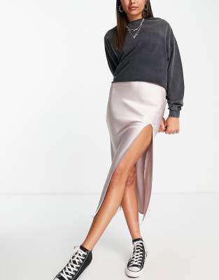 grey satin midi skirt