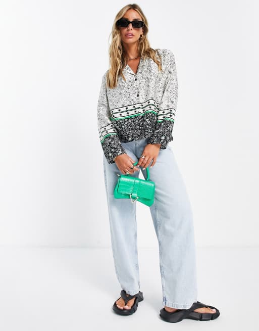 Topshop satin star border printed pj shirt in monochrome, 4 of 4