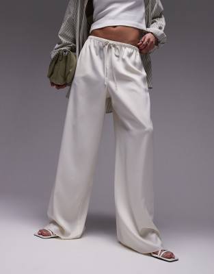 satin straight leg drawcord pants in oyster-White