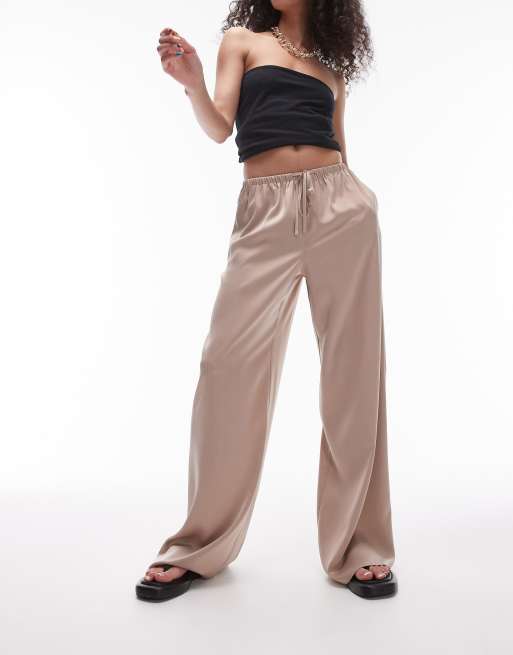 Topshop satin straight leg drawcord trouser in taupe, 2 of 5