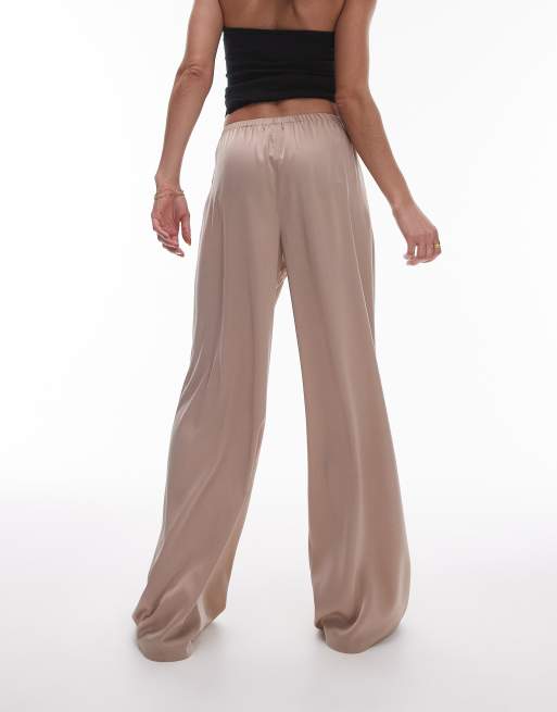 Topshop satin straight leg drawcord trouser in taupe, 3 of 5