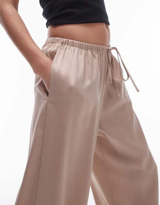 Topshop satin straight leg drawcord trouser in taupe, 5 of 5