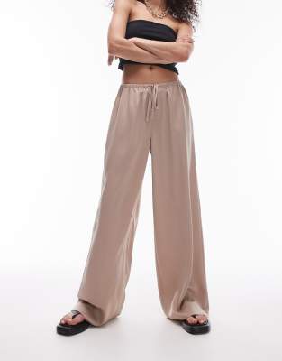 Topshop Satin Straight Leg Drawstring Pants In Taupe-neutral