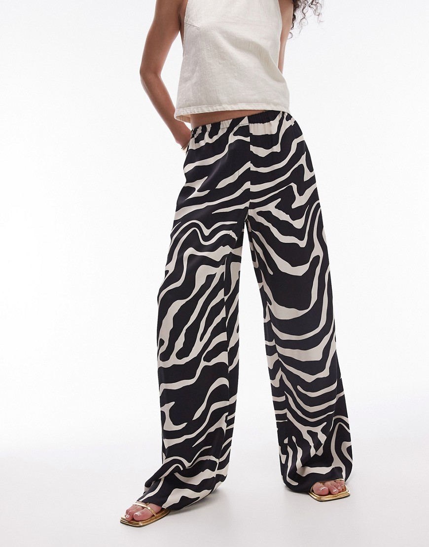 Topshop satin straight leg mono zebra print trouser in mono-Grey