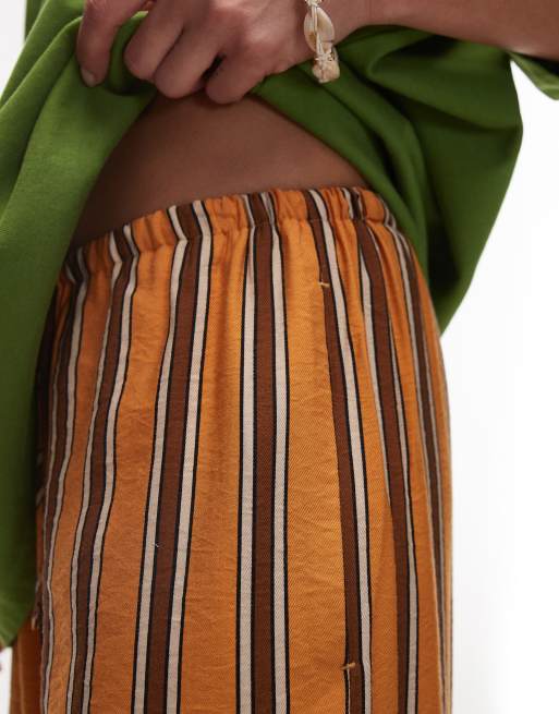 Topshop satin straight leg pants in orange and chocolate stripe, 3 of 5