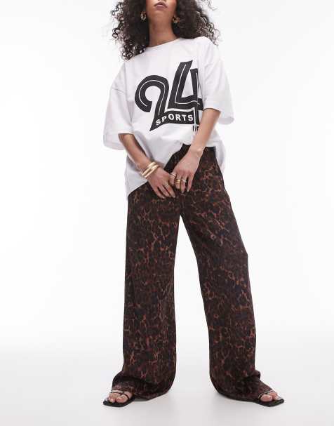 Topshop satin straight leg tie waist trouser in dark leopard - view 1