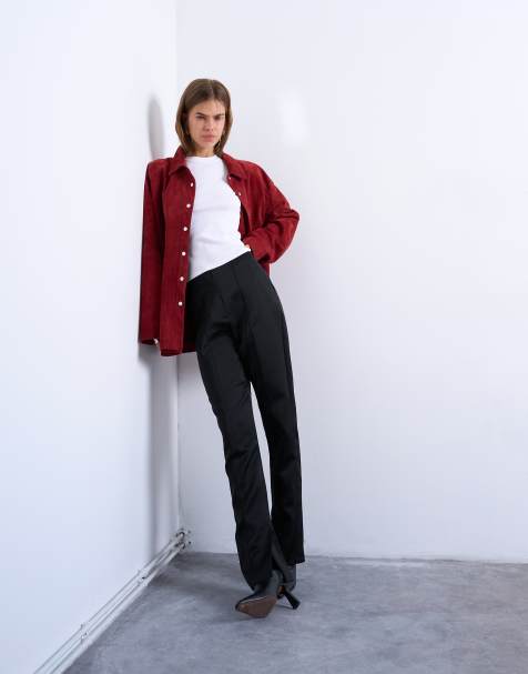 Topshop satin straight leg with side split trouser in black - view 1
