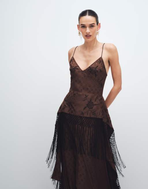 Topshop satin strappy maxi dress with jacquard embroidery and fringe in  chocolate | ASOS