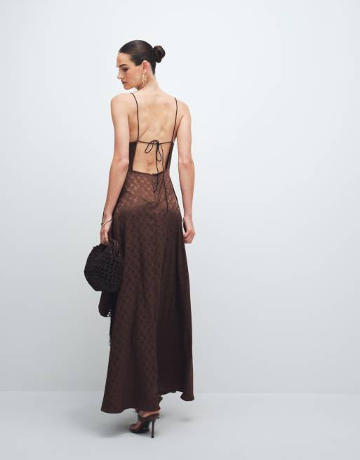 Topshop satin strappy maxi dress with jacquard embroidery and fringe in  chocolate | ASOS