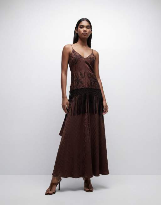 Topshop satin strappy maxi dress with jacquard embroidery and fringe in  chocolate | ASOS