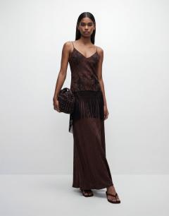 Model wearing Satin strappy maxi dress with jacquard embroidery and fringing in chocolate