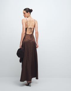 Model wearing Satin strappy maxi dress with jacquard embroidery and fringing in chocolate