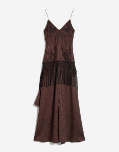 Model wearing Satin strappy maxi dress with jacquard embroidery and fringing in chocolate