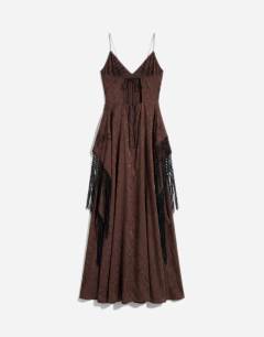 Model wearing Satin strappy maxi dress with jacquard embroidery and fringing in chocolate