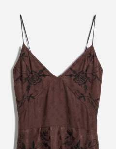 Model wearing Satin strappy maxi dress with jacquard embroidery and fringing in chocolate