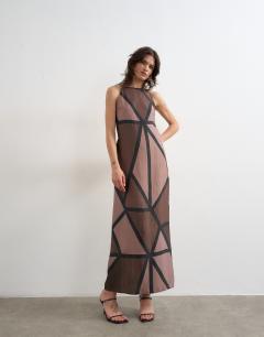 Model wearing Satin strappy open back maxi dress in brown abstract geo print