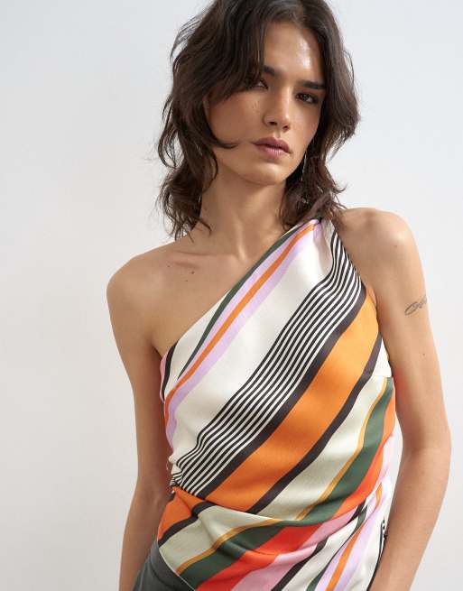 Topshop satin stripe print one shoulder top in orange, 3 of 4